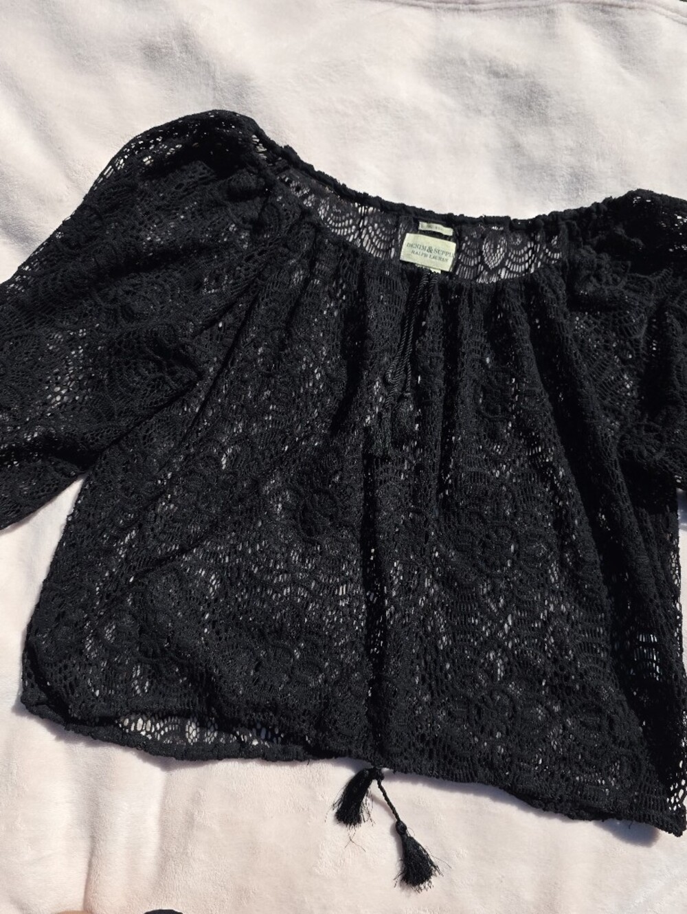 Denim & Supply Ralph Lauren Black Crochet Lace Off Shoulder Boho Top Size M